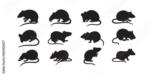 Collection of twelve black silhouette illustrations of mice on a white background