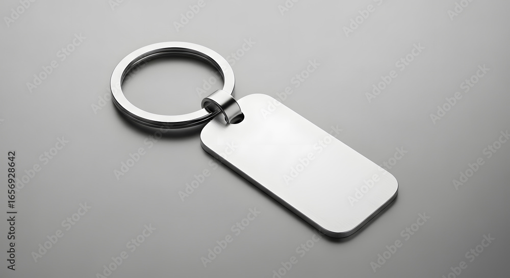 Fototapeta premium Blank Silver Metal Keychain Mockup on Gray Background