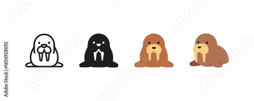 Cute walrus icons in four styles: outline, solid, flat, and cartoon
