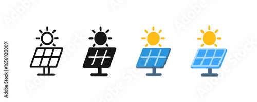 Solar panel icons in flat design: colorful and monochrome variations