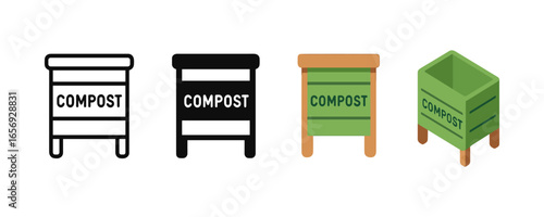 Compost bin icon set in various styles: silhouette, flat, isometric, and outline