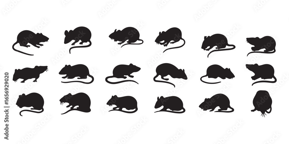 Fototapeta premium Collection of twenty silhouette illustrations of rats in various poses on a white background