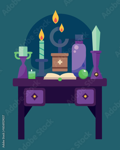 Magic table with magic items. Vector illustration in a flat style.