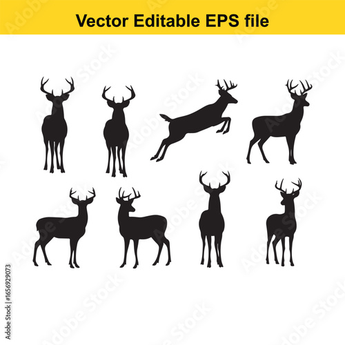 Collection of deer silhouettes isolated on white background