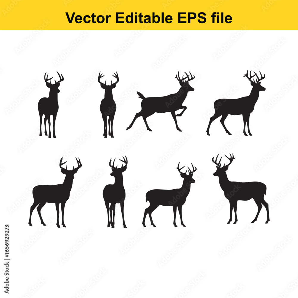 Fototapeta premium Collection of deer silhouettes isolated on white background