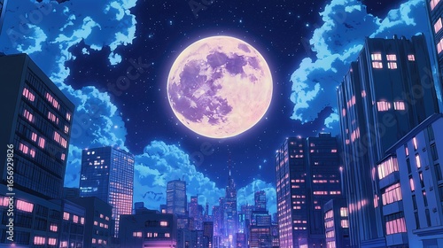 anime-style cityscape at night, dominated by a huge pink moon and a starry sky. Buildings glow softly.