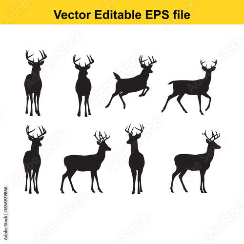 Collection of deer silhouettes isolated on white background