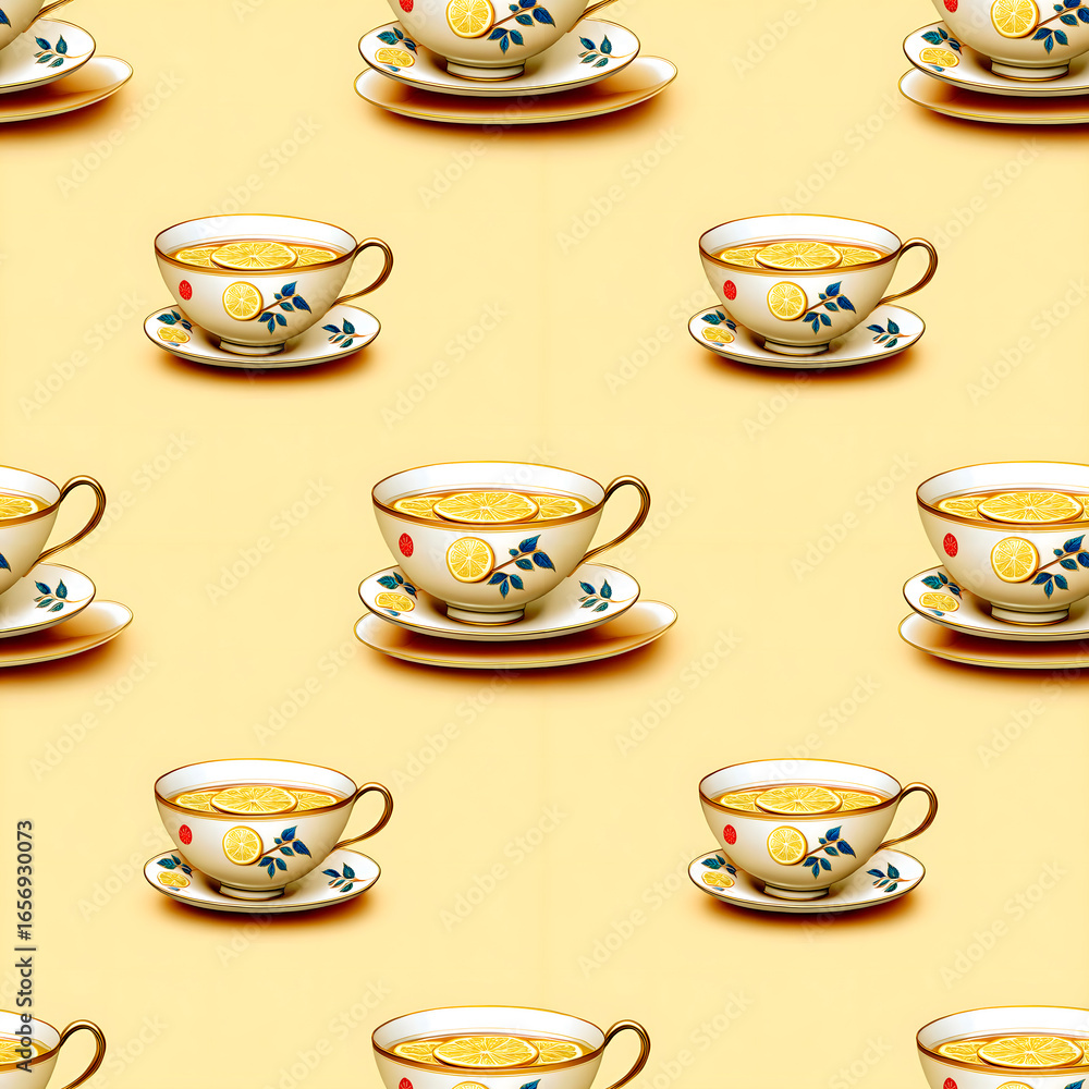 Fototapeta premium Vintage tea cup with lemon slice seamless pattern on warm yellow background, cozy retro winter drink