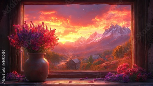 Vase of colorful flowers on a wooden windowsill looks out at a mountain view. Use for inspiring designs or projects with nature, flowers, and peace.