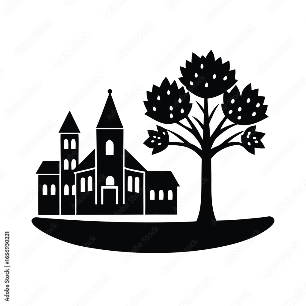 Obraz premium A festive town square with a beautiful tree vector illustration