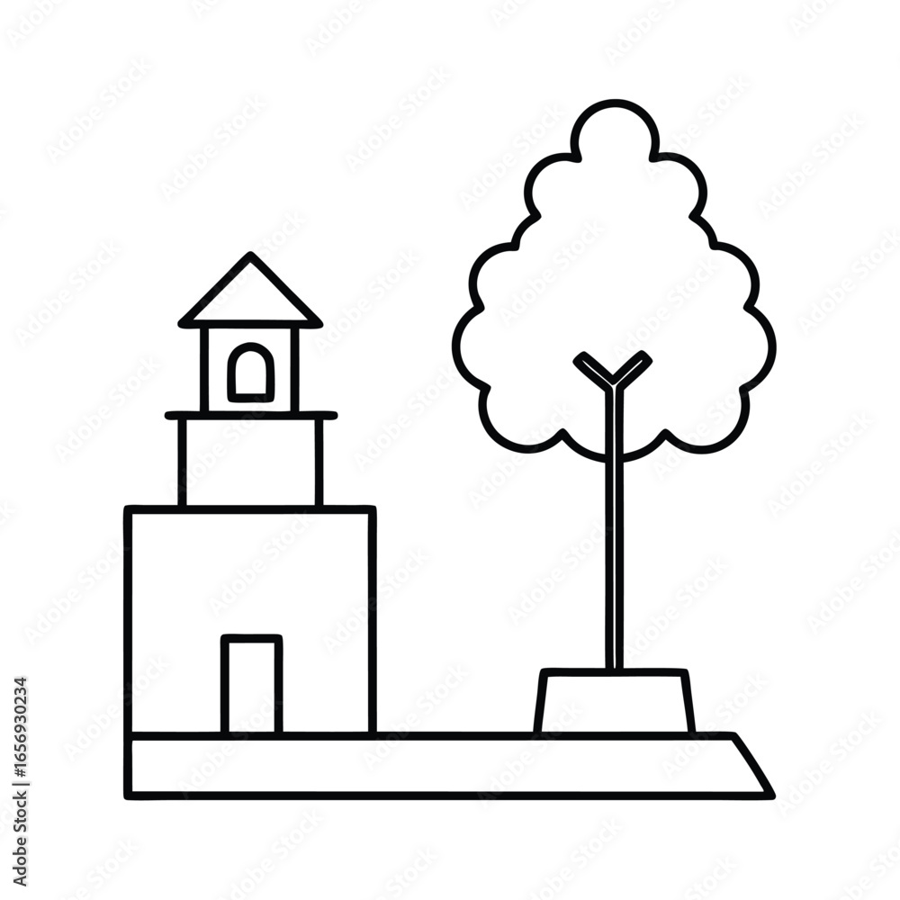 Fototapeta premium A simple illustration of a town square with a tree vector illustration