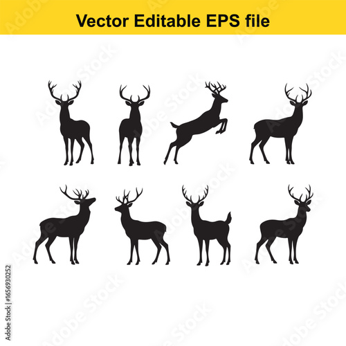 Collection of deer silhouettes isolated on white background