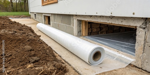 Roll of white plastic sheeting next to a house foundation