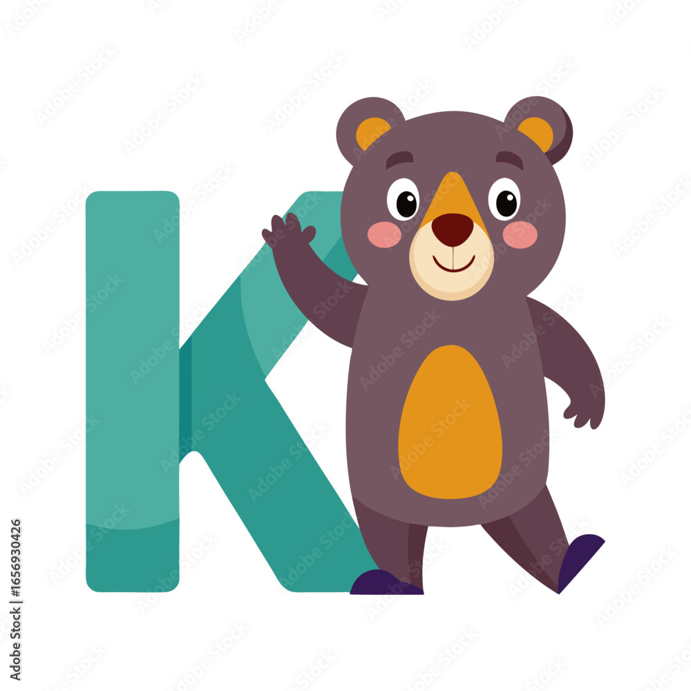 Naklejka premium Playful Bear Alphabet K Illustration, Cute Kids Character, Fun Educational Letter Design, Children’s Book Vector, Learning ABC, Colorful Cartoon Art