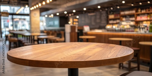 Round Wooden Table in Blurred Cafe Interior, Close-up, Shallow Depth of Field, Bokeh, Restaurant, Bar Cafe, Interior Design