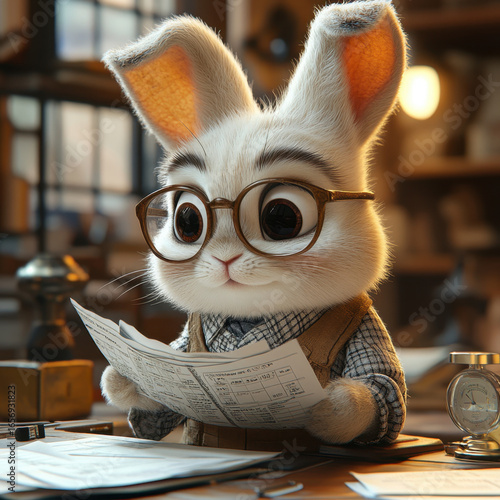 Rabbit with glasses reading a newspaper.