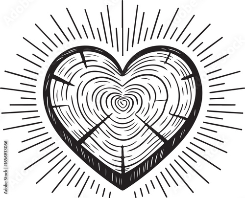 Wood Heart with Rays Vector Illustration for Nature and Rustic Themes