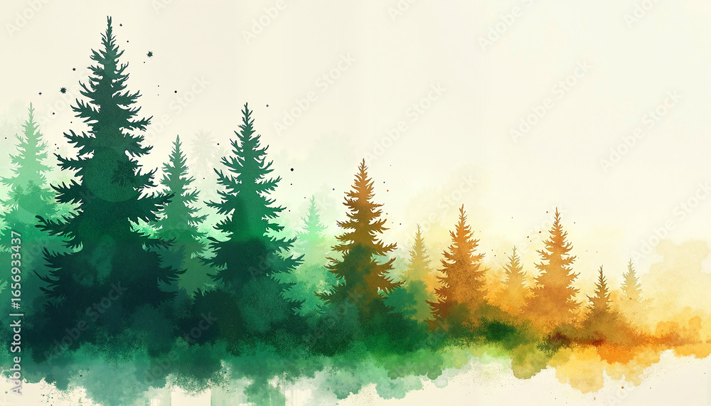 Fototapeta premium Vibrant watercolor forest landscape with green and orange hues 