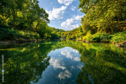 Tranquil river reflecting the sky and surrounding green trees under a bright, cloud-dappled sky.