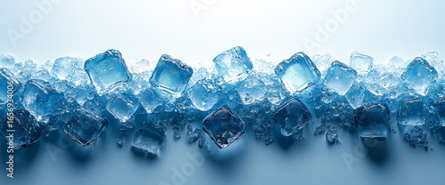 A collection of clear ice cubes is arranged on a reflective surface, surrounded by melting ice and droplets of water, creating a refreshing ambiance perfect for summer and beverage-related visuals