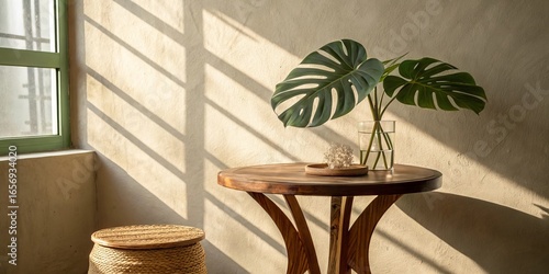 Sunlit Minimalist Interior Wooden Table, Monstera Leaves and Light Shadows, interior design, home decor interior design, home decor