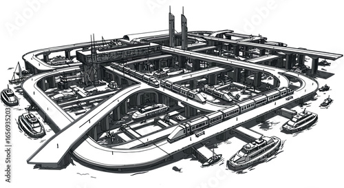 Futuristic urban transport hub with elevated trains and boats in monochrome design