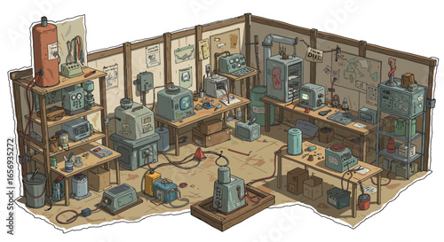 Isometric workshop with vintage machines and tools in detailed cartoon style