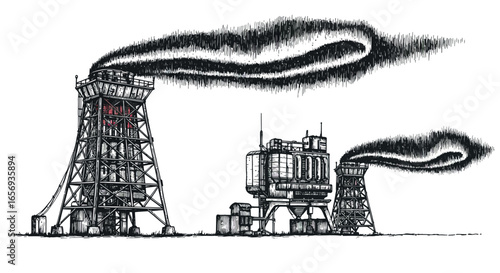 Industrial oil rigs with smoke in detailed pen drawing art style
