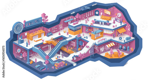 Vibrant isometric 3d mall interior with shops, escalators, and people