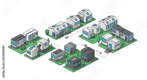 Isometric modern suburban neighborhood with futuristic smart homes and green spaces