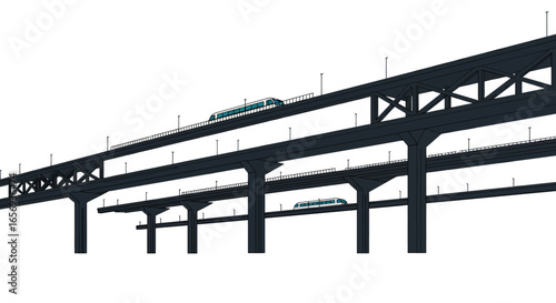 Elevated train railway in geometric minimalist art style with two trains on bridges
