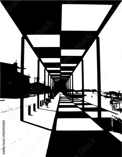 Black and white perspective view of a long covered walkway with a checkered roof pattern receding into distance