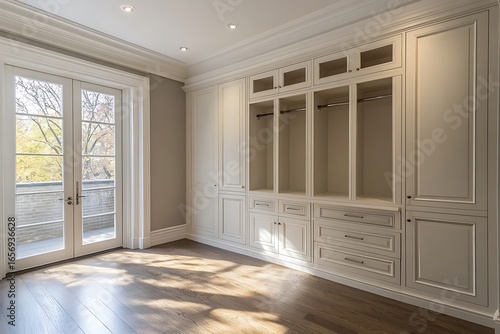 An elegant full wall wardrobe with soft-touch lacquered doors and integrated shelving nooks 