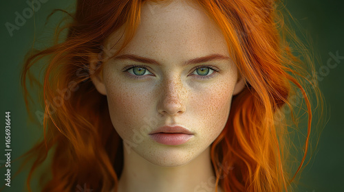 Vivid close-up portrait of a beautiful woman with stunning green eyes and flowing red hair. AI generated imagery.
