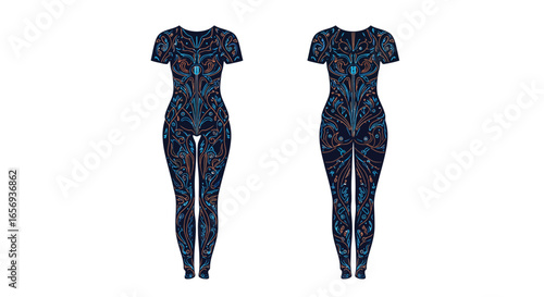 Ornate geometric bodysuit designs with intricate patterns on mannequins