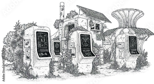 Futuristic technology in overgrown dystopian landscape with solar panels and biotech structures