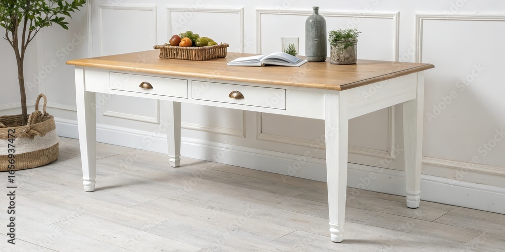 Fototapeta premium White and Wood Two-Drawer Console Table Farmhouse Style Interior Design, farmhouse table, console table