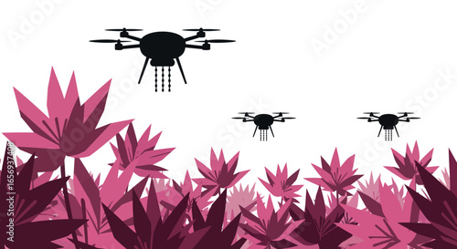 Silhouette drones over vibrant pink forest scene