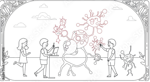 Children engaging with interactive lab creatures in linear art style