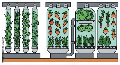 Vertical hydroponic garden system with fresh vegetables in a modern flat design