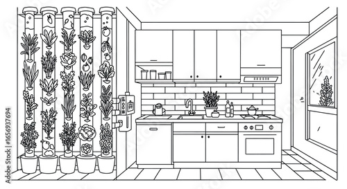 Modern kitchen with vertical garden and hydroponic plants in linear style