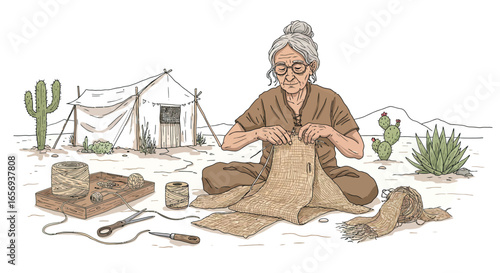 Elderly woman weaving in desert setting with tent and cacti