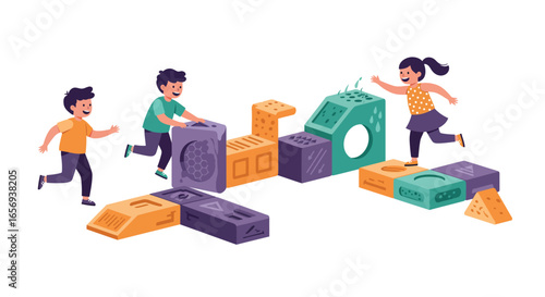 Kids playing with colorful geometric blocks in a fun educational environment