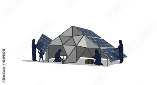 People installing solar panels on geometric structure: renewable energy concept