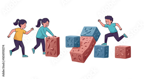 Children playing with colored foam blocks in a fun cartoon style