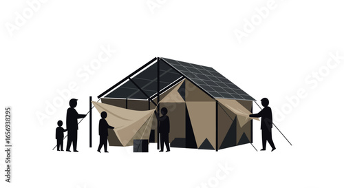 Family setting up solar-powered tent in minimalist silhouette style