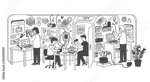 Creative tech lab with engineers designing and testing electronic prototypes in monochrome style