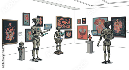 Futuristic art gallery with robots curating digital exhibits