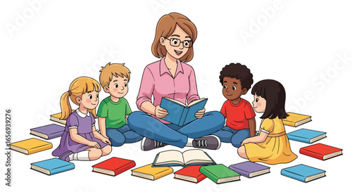 Adobe illustrator artwork vector illustration of a teacher reading with a group of diverse children surrounded by books, fostering a love for learning and reading