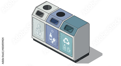 Modern isometric recycling bins set for waste management and environmental conservation education